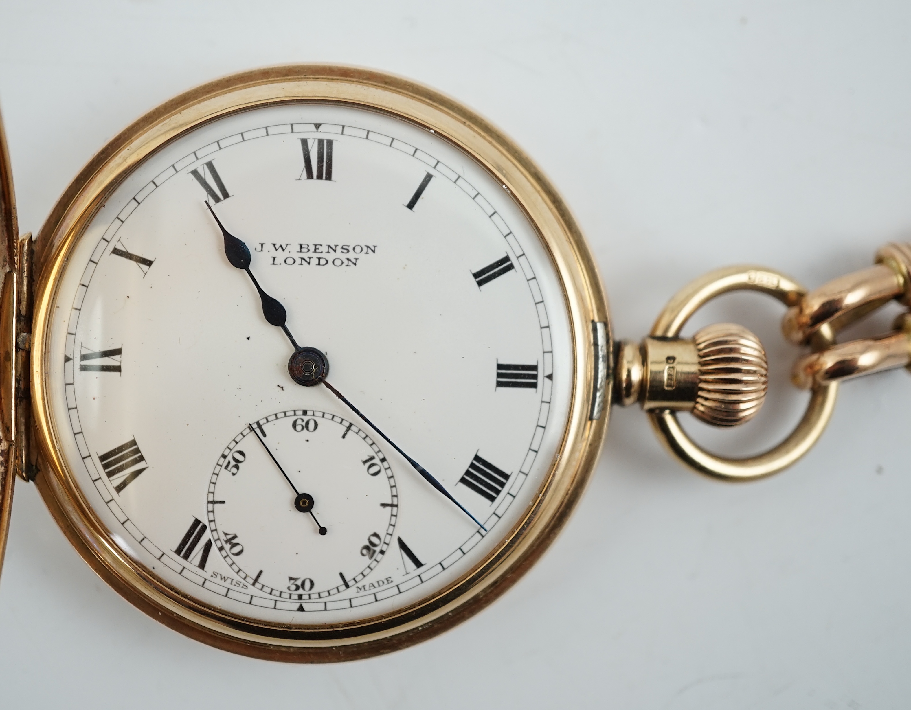 A George V 9ct gold J.W. Benson keyless half hunter pocket watch